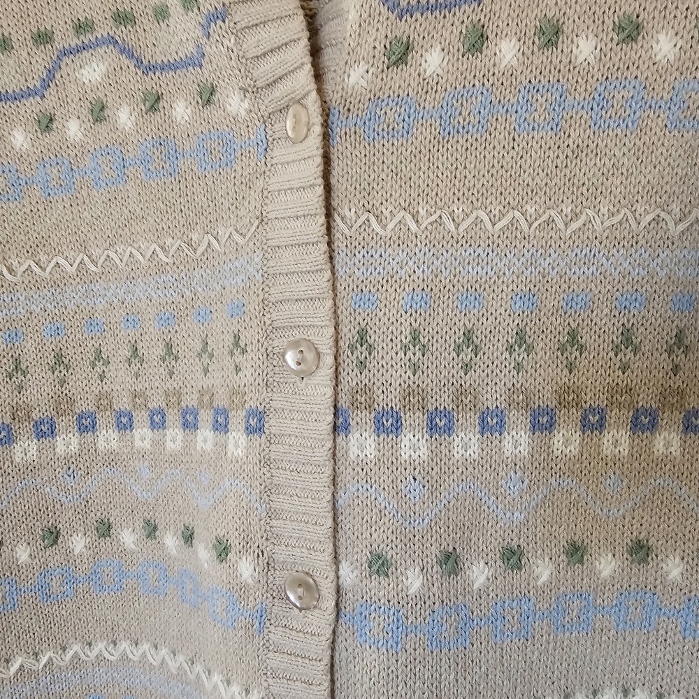 Vintage 90's Cottagecore Granny Cardigan Tan Sage Blue Crochet Floral Embroidery - Picture 8 of 9